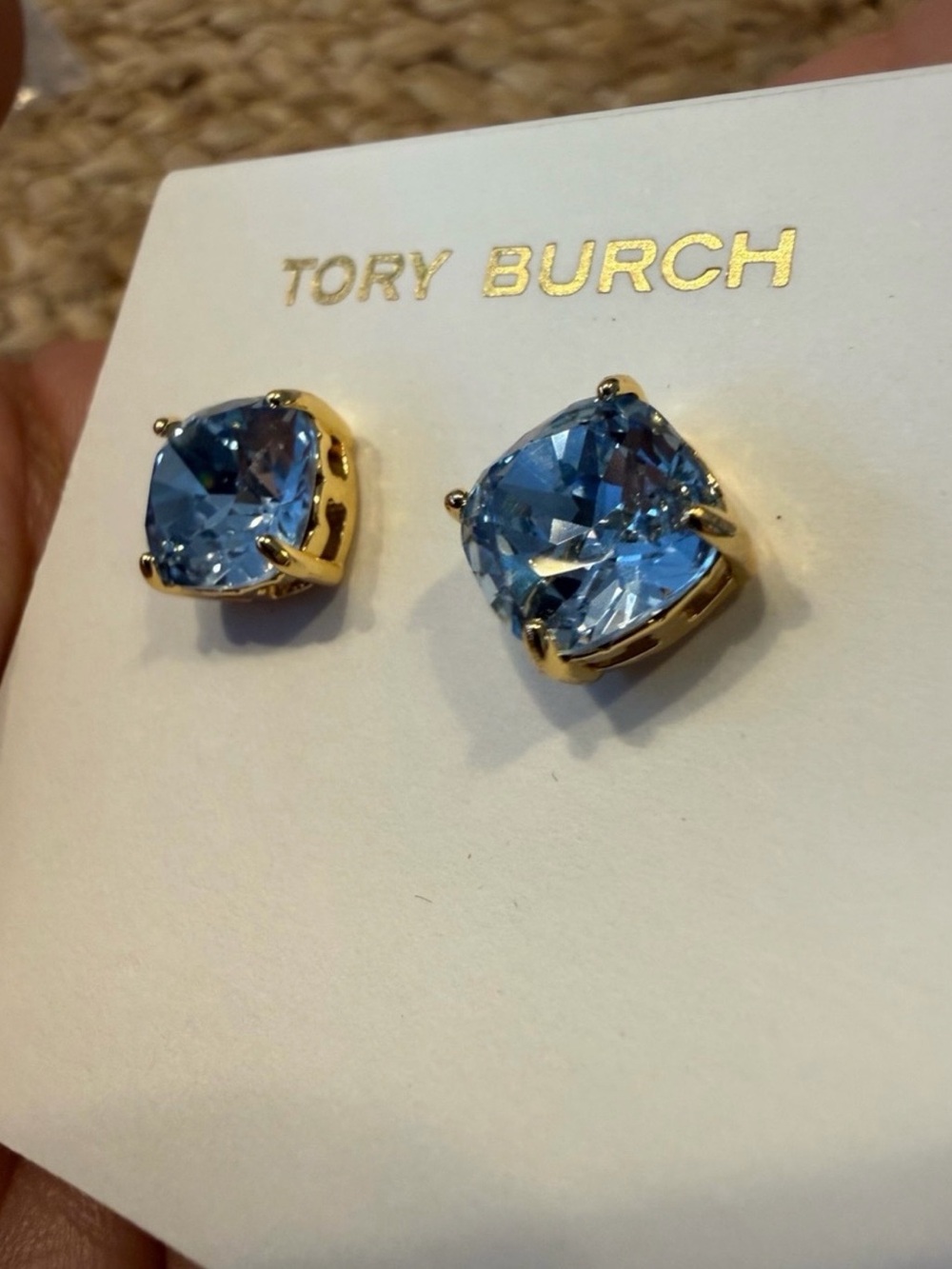 Tory Burch Gold-Tone Blue Crystal Cushion Stud Earrings